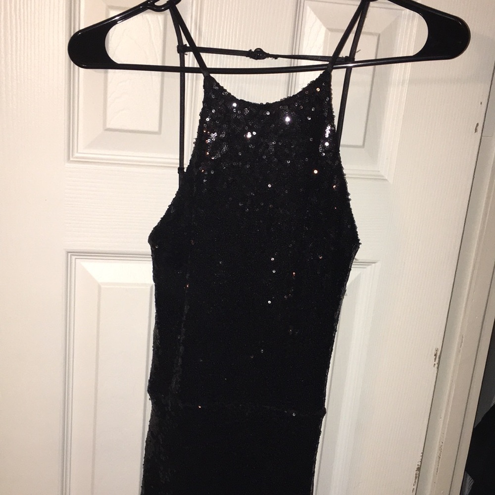 Black sequin zip up jumpsuit w/ spaghetti straps